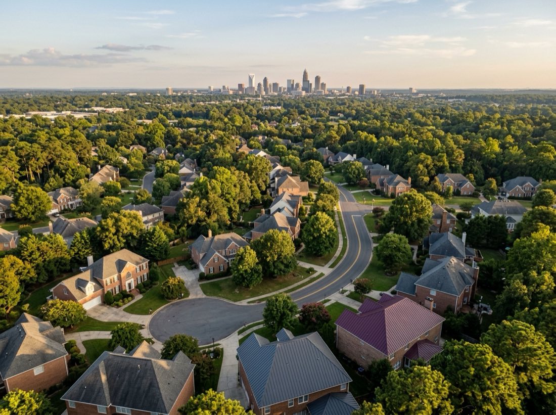 Aerial view of a tree-lined Charlotte suburb with charcoal and burgundy metal roofs in the foreground and the uptown skyline on the horizon