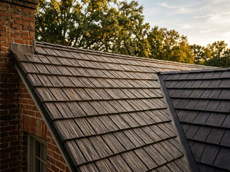 Dark bronze metal shingles in a shake profile on a brick home beside a chimney