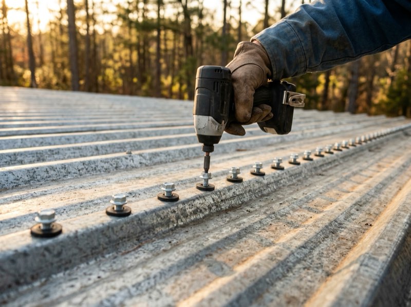 Cordless driver setting a washered screw in a row of fasteners on a corrugated metal roof