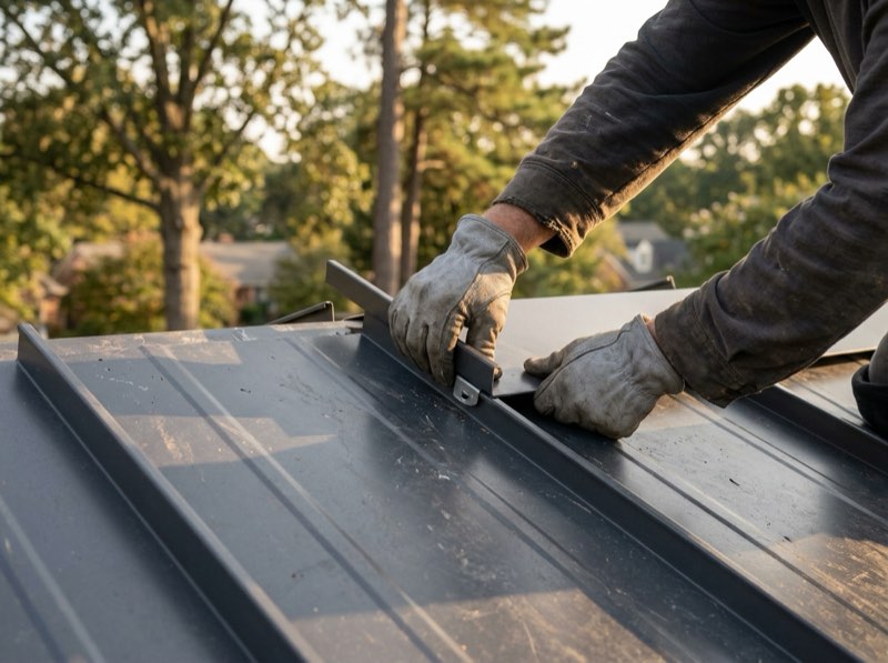 Gloved hands snapping a charcoal standing seam panel over a concealed clip
