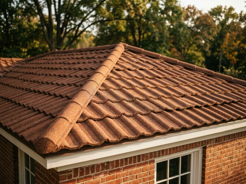 Terracotta stone-coated steel roof in a barrel-tile profile over a brick hip roof