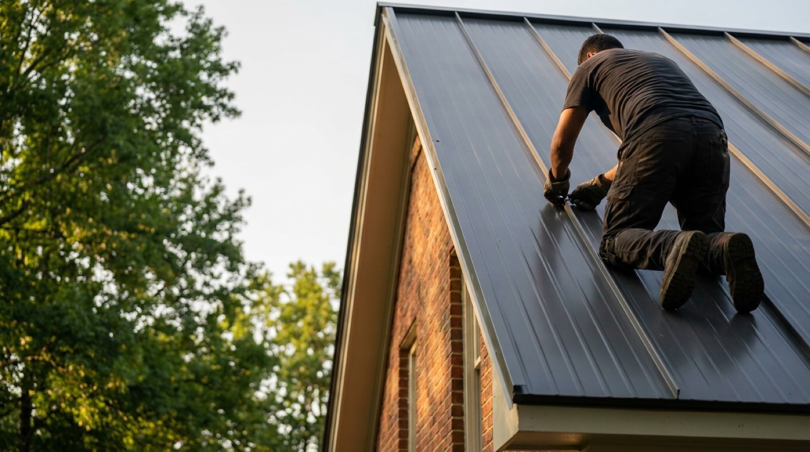 Roofer kneeling on a steep roof, setting a charcoal standing seam metal panel over a hidden clip on a brick Charlotte home at golden hour